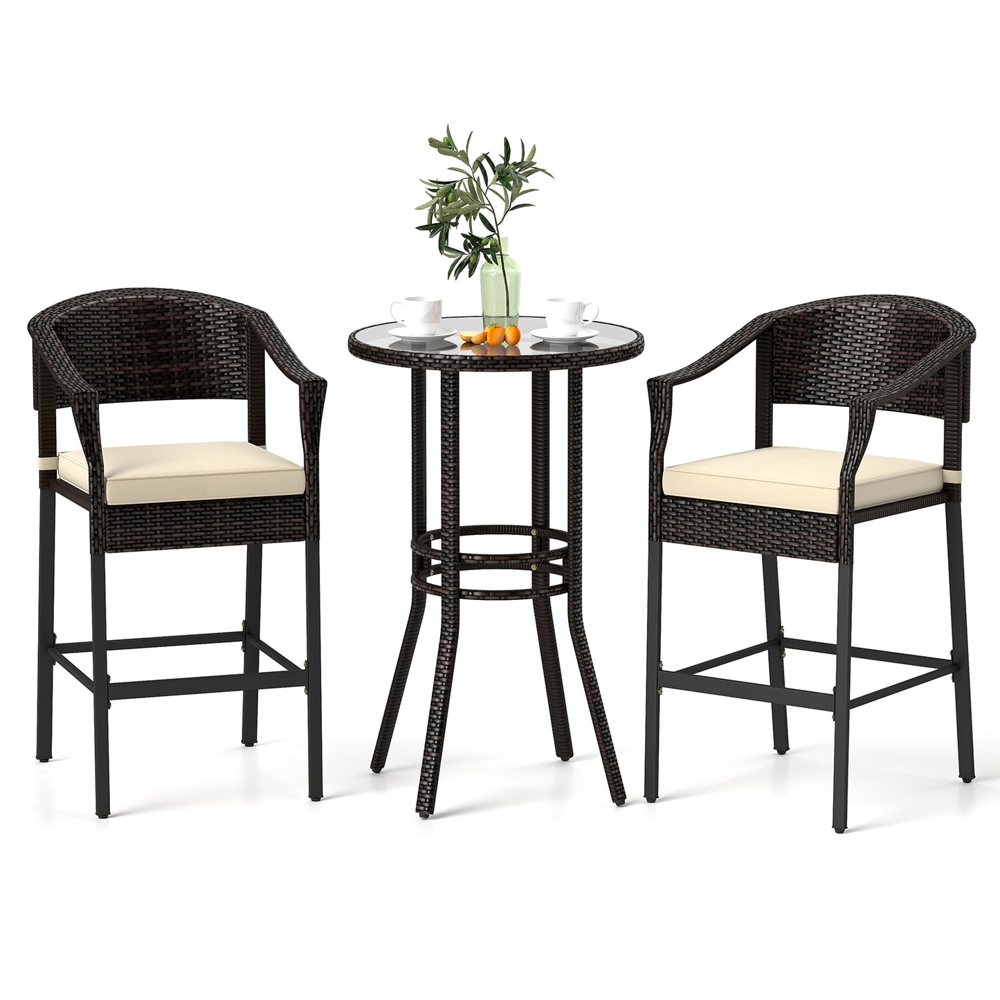3-Piece Rattan Bar Set, Tempered Glass Top, Brown Patio Bar Furniture Brown at Gallery Canada