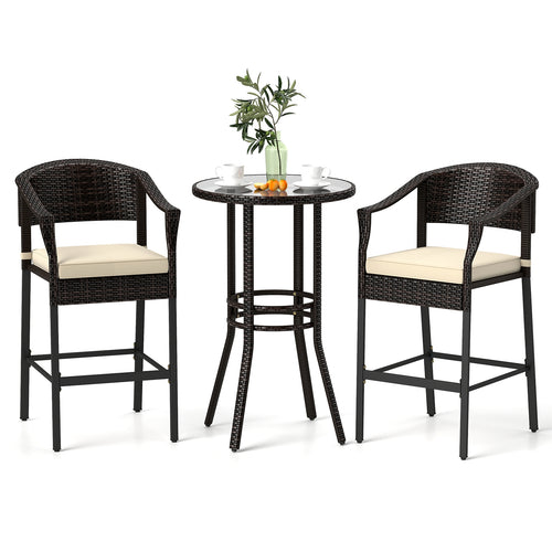 3-Piece Rattan Bar Set, Tempered Glass Top, Brown