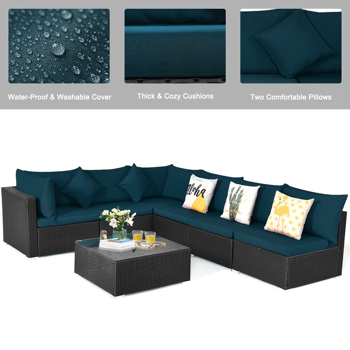 7 Pieces Sectional Wicker Furniture Sofa Set with Tempered Glass Top, Peacock Blue Outdoor Sectionals at Gallery Canada