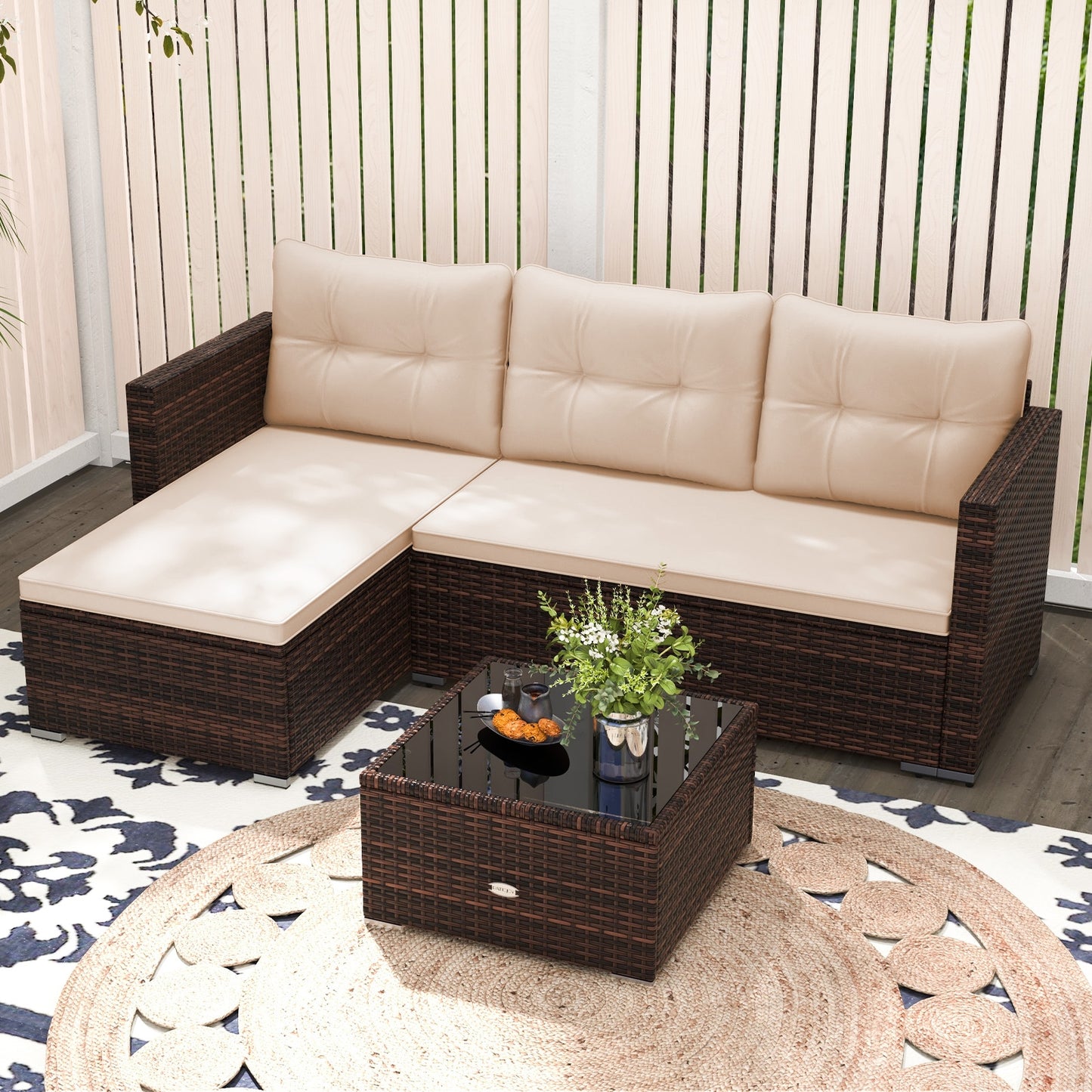 4 Seats Outdoor Wicker Furniture Set with Tempered Glass Coffee Table and Soft Cushions, Beige Outdoor Sectionals at Gallery Canada