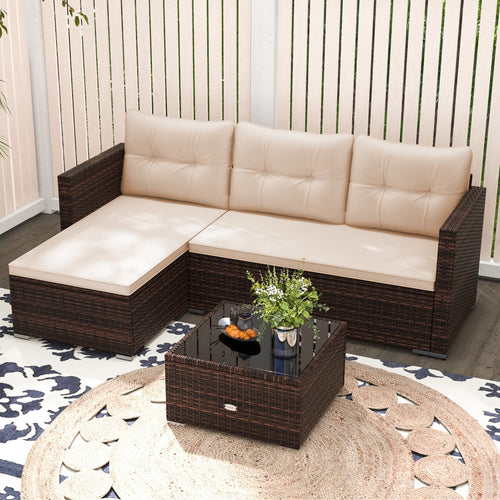 4 Seats Outdoor Wicker Furniture Set with Tempered Glass Coffee Table and Soft Cushions, Beige