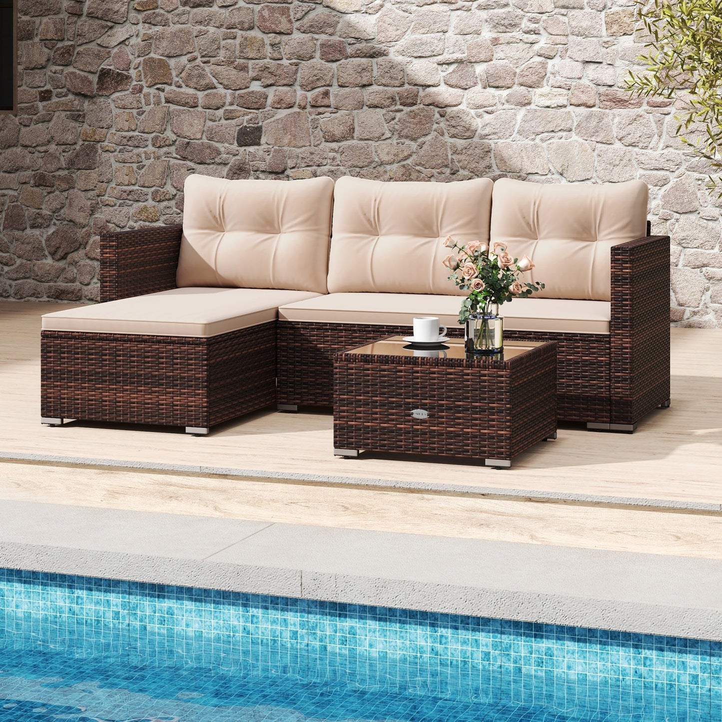 4 Seats Outdoor Wicker Furniture Set with Tempered Glass Coffee Table and Soft Cushions, Beige Outdoor Sectionals at Gallery Canada
