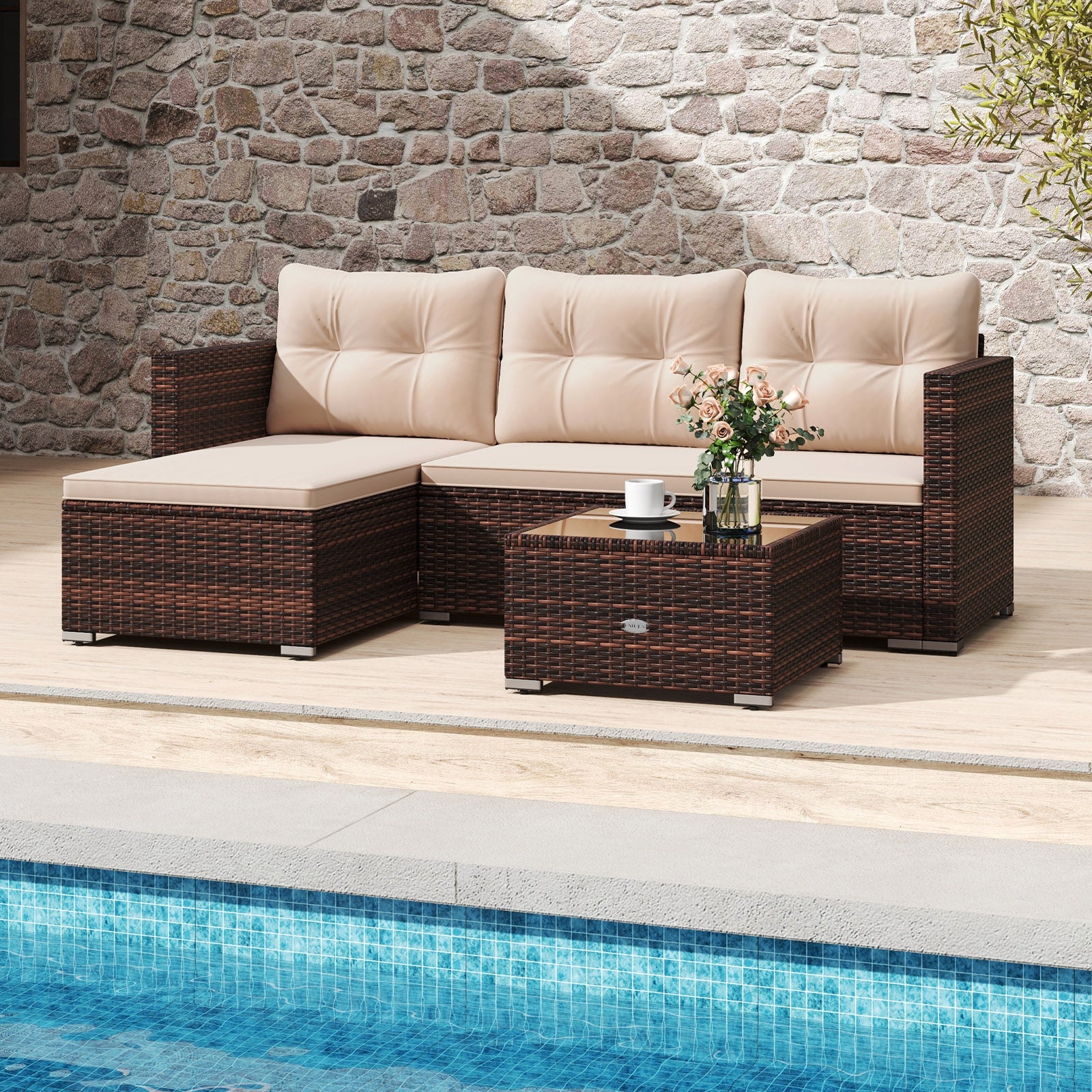 4 Seats Outdoor Wicker Furniture Set with Tempered Glass Coffee Table and Soft Cushions, Beige Outdoor Sectionals at Gallery Canada