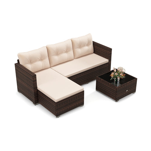 4 Seats Outdoor Wicker Furniture Set with Tempered Glass Coffee Table and Soft Cushions, Beige