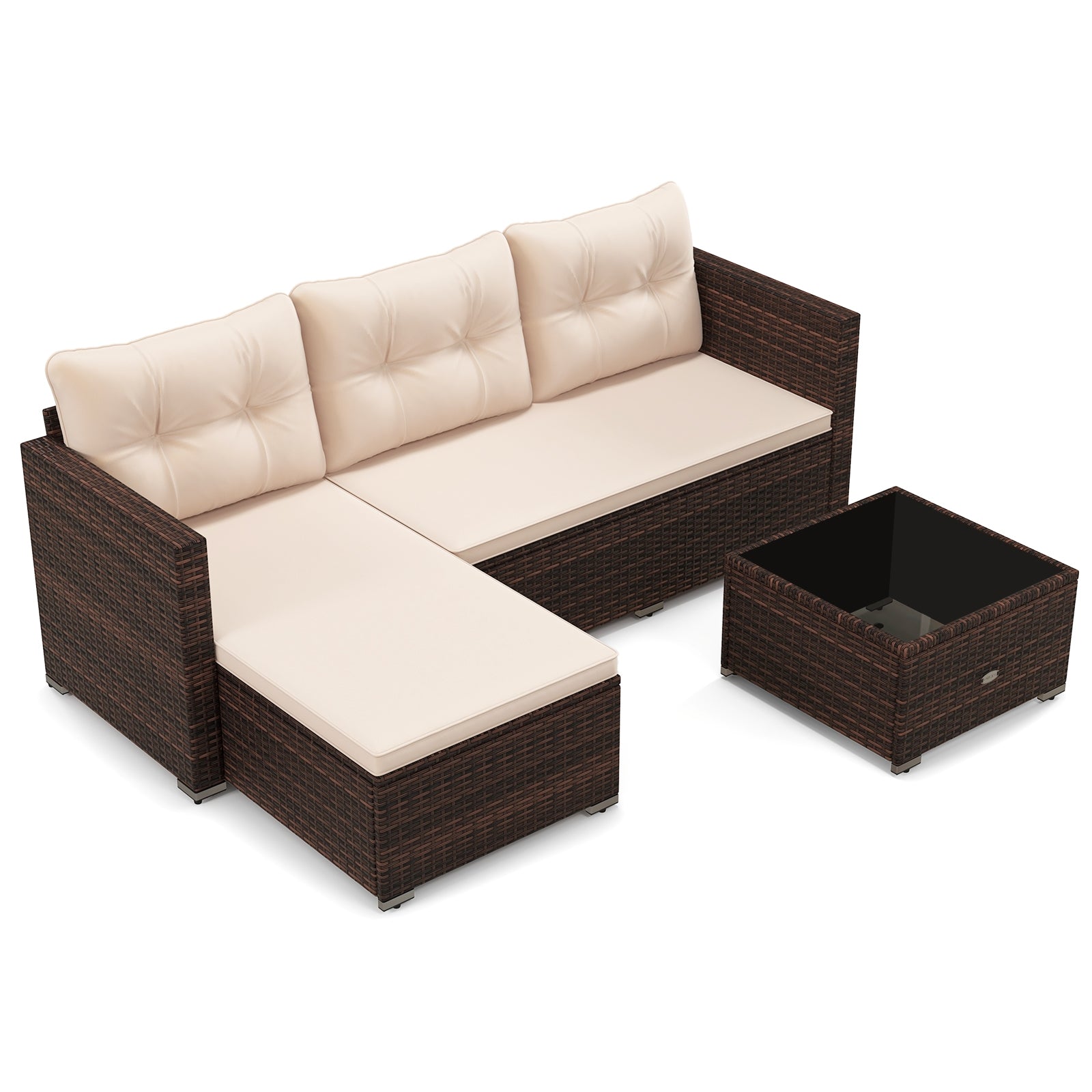 4 Seats Outdoor Wicker Furniture Set with Tempered Glass Coffee Table and Soft Cushions, Beige Outdoor Sectionals at Gallery Canada