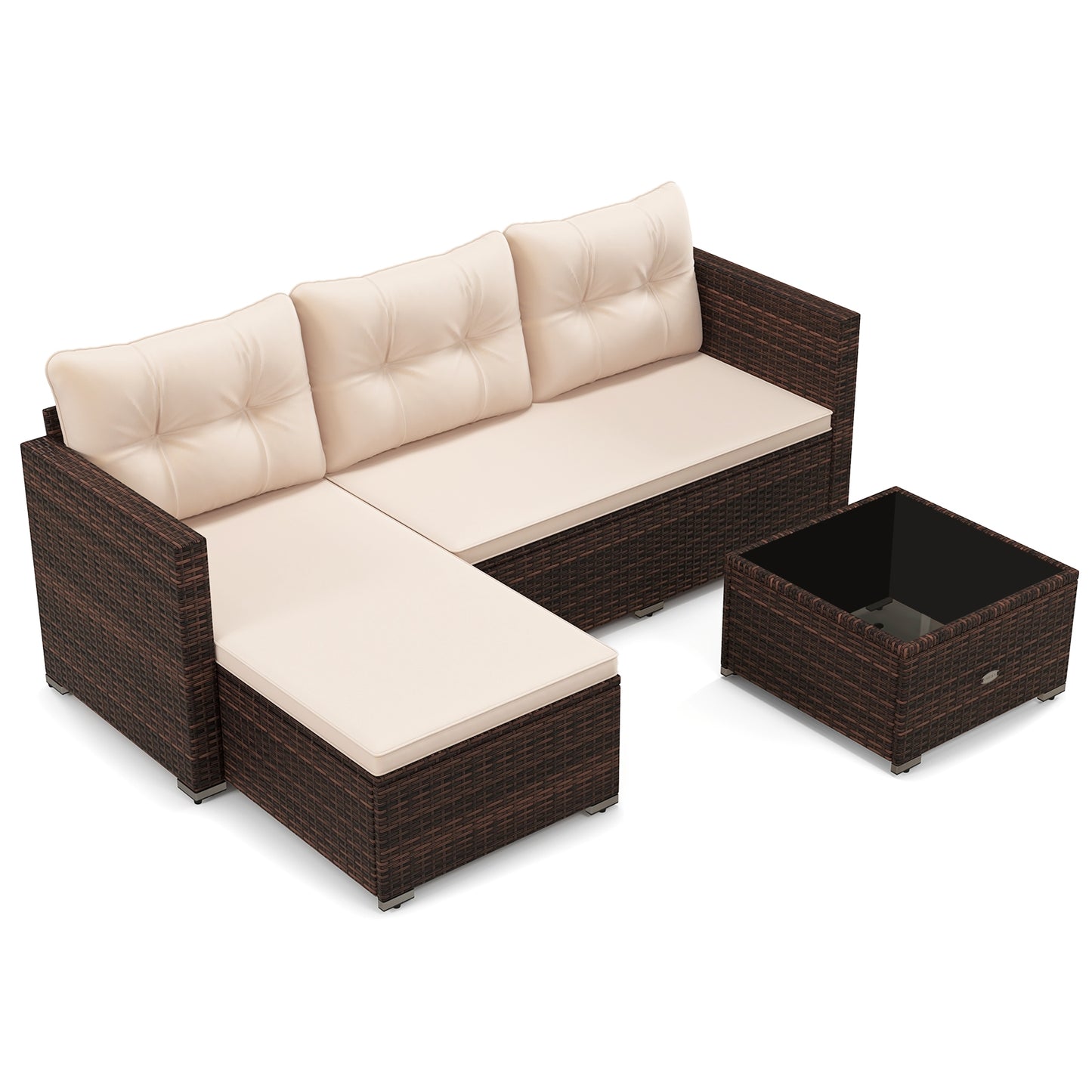 4 Seats Outdoor Wicker Furniture Set with Tempered Glass Coffee Table and Soft Cushions, Beige Outdoor Sectionals at Gallery Canada