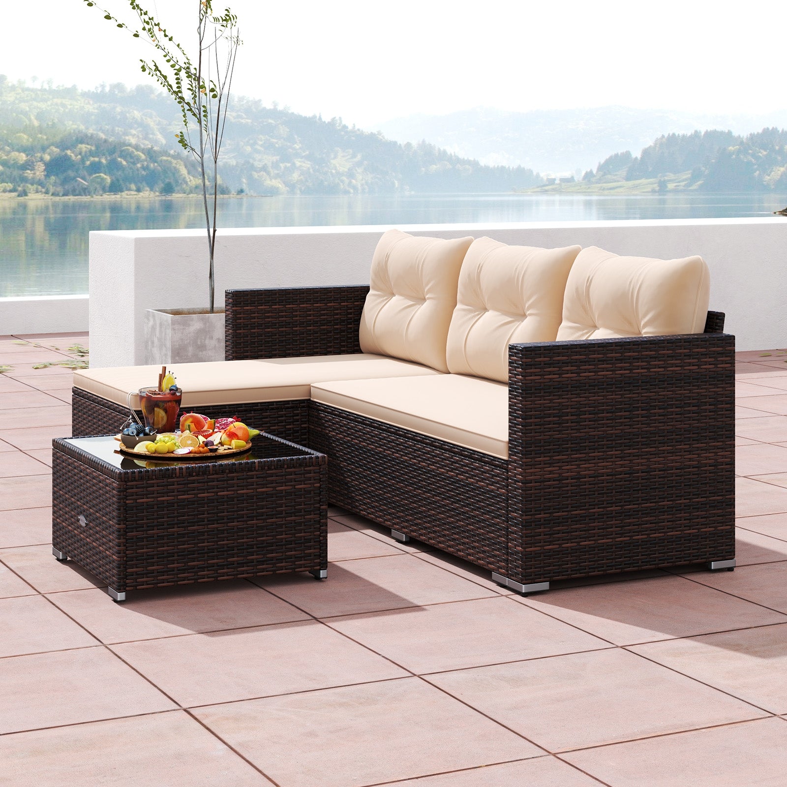 4 Seats Outdoor Wicker Furniture Set with Tempered Glass Coffee Table and Soft Cushions, Beige Outdoor Sectionals at Gallery Canada