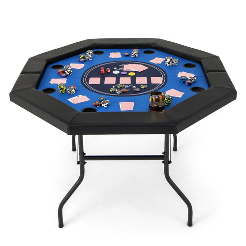 48 Inches Foldable Poker Table, Padded Rails, Cup Holders, Blue