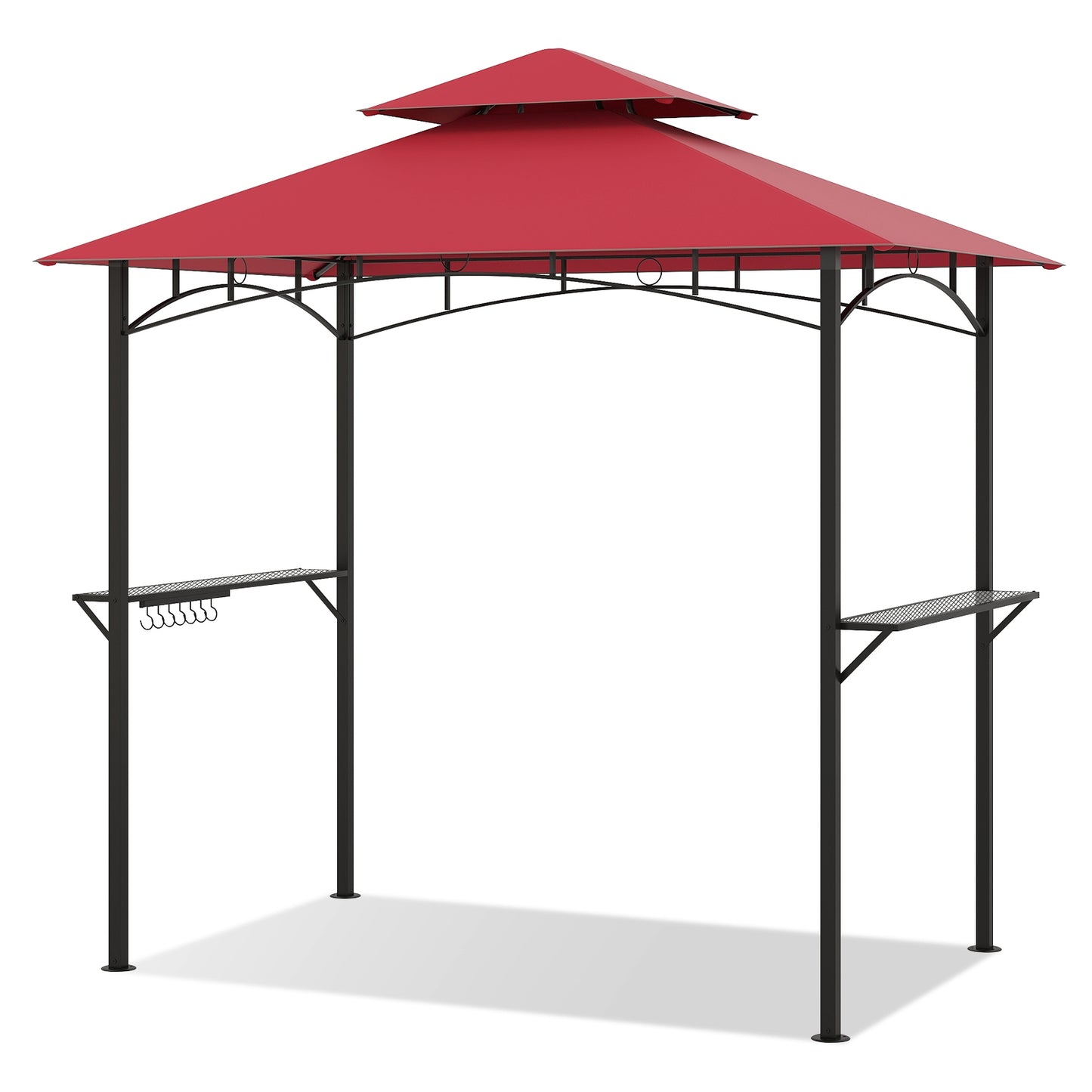 Canopy de Barbecue à Double Niveau, 2 Étagères, 7 Crochets, Rouge