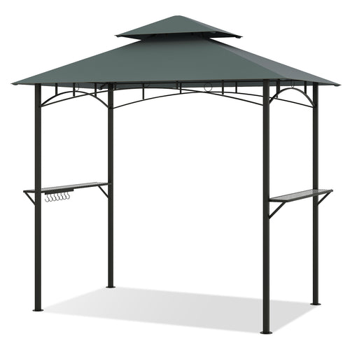 Outdoor Double-Tiered Grill Gazebo Canopy with 2 Shelves and 7 Hooks, Gray