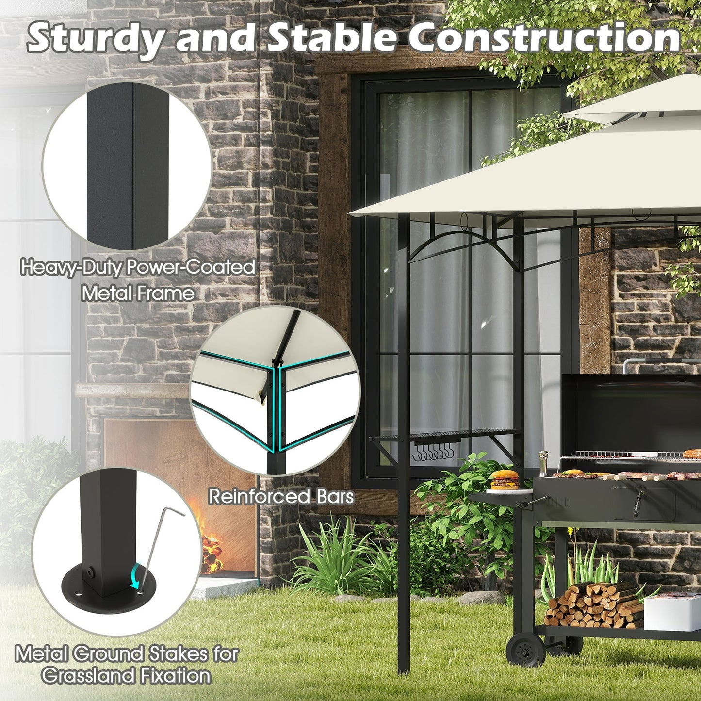Double-Tiered Grill Gazebo Canopy, 2 Shelves, 7 Hooks, Beige Gazebos at Gallery Canada