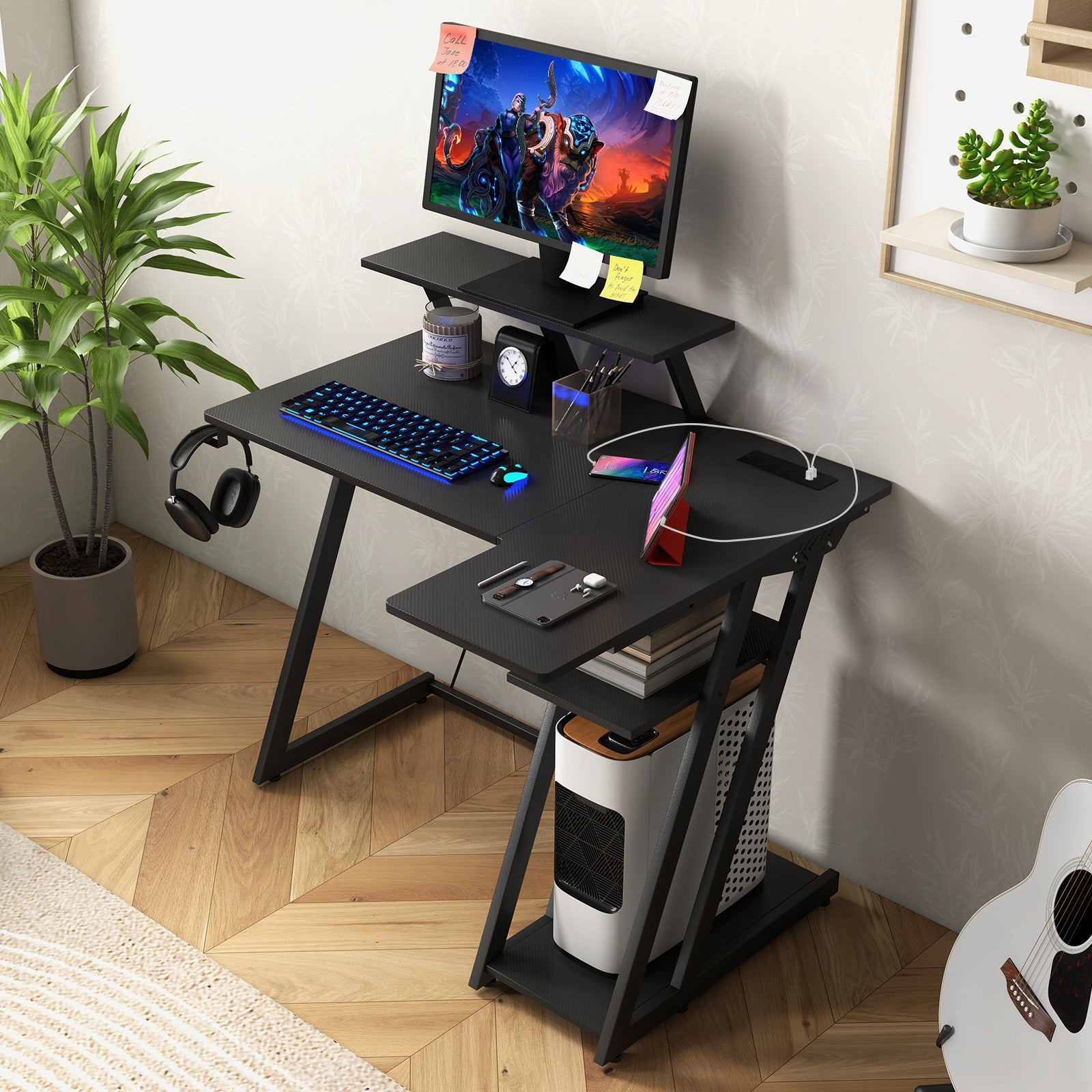 L Shaped Gaming Desk With Outlets And USB Ports, Black Computer Desks at Gallery Canada