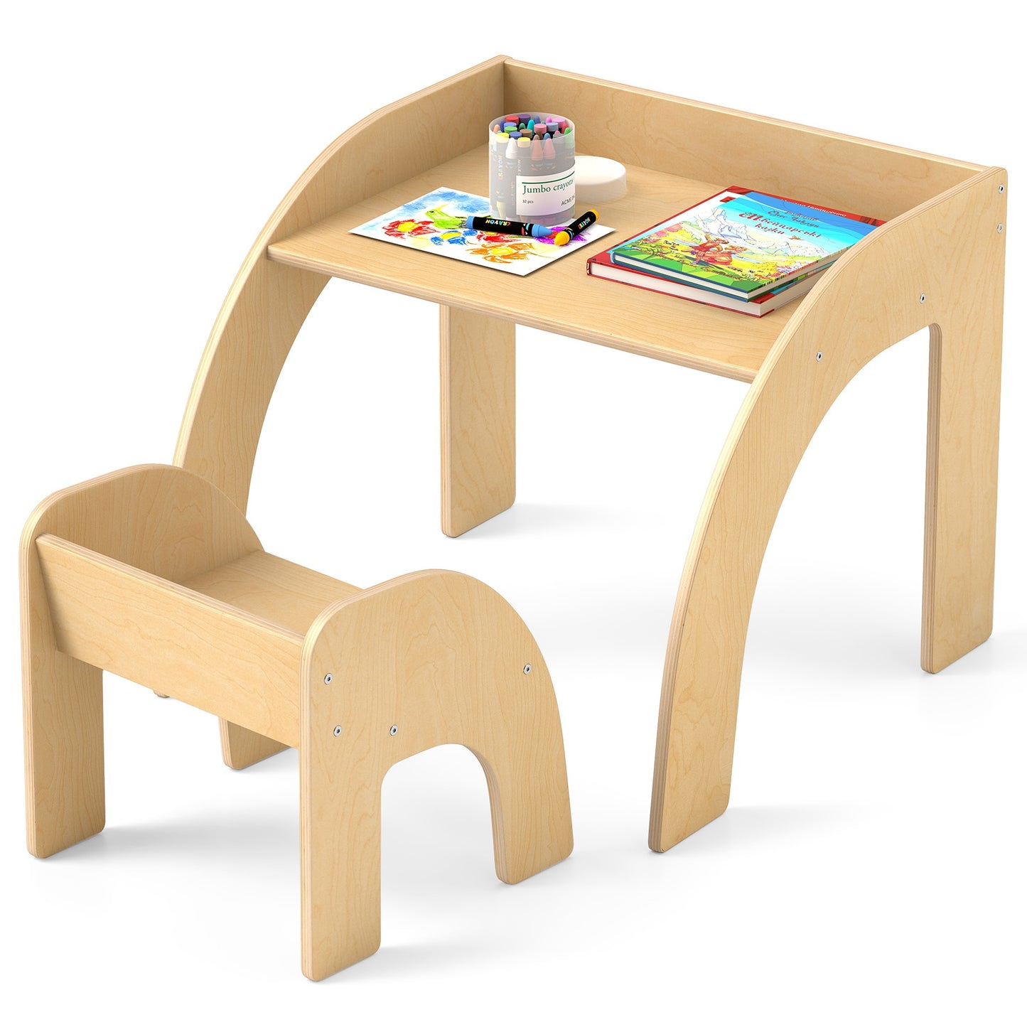 Kids Table And Chair Set, Natural, Wide Tabletop, Curved Edges