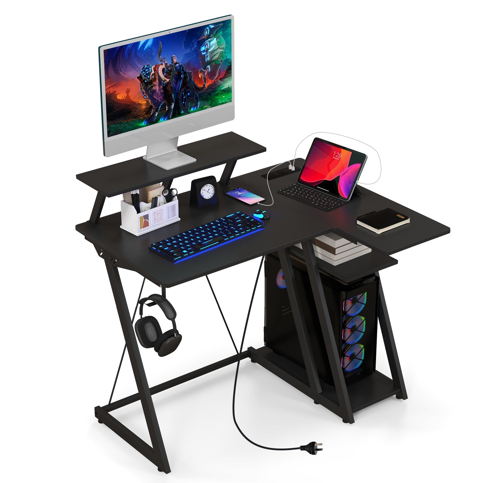 L Shaped Gaming Desk With Outlets And USB Ports, Black Computer Desks Black at Gallery Canada