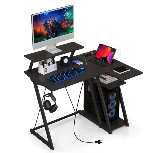 L Shaped Gaming Desk With Outlets And USB Ports, Black Computer Desks Black at Gallery Canada