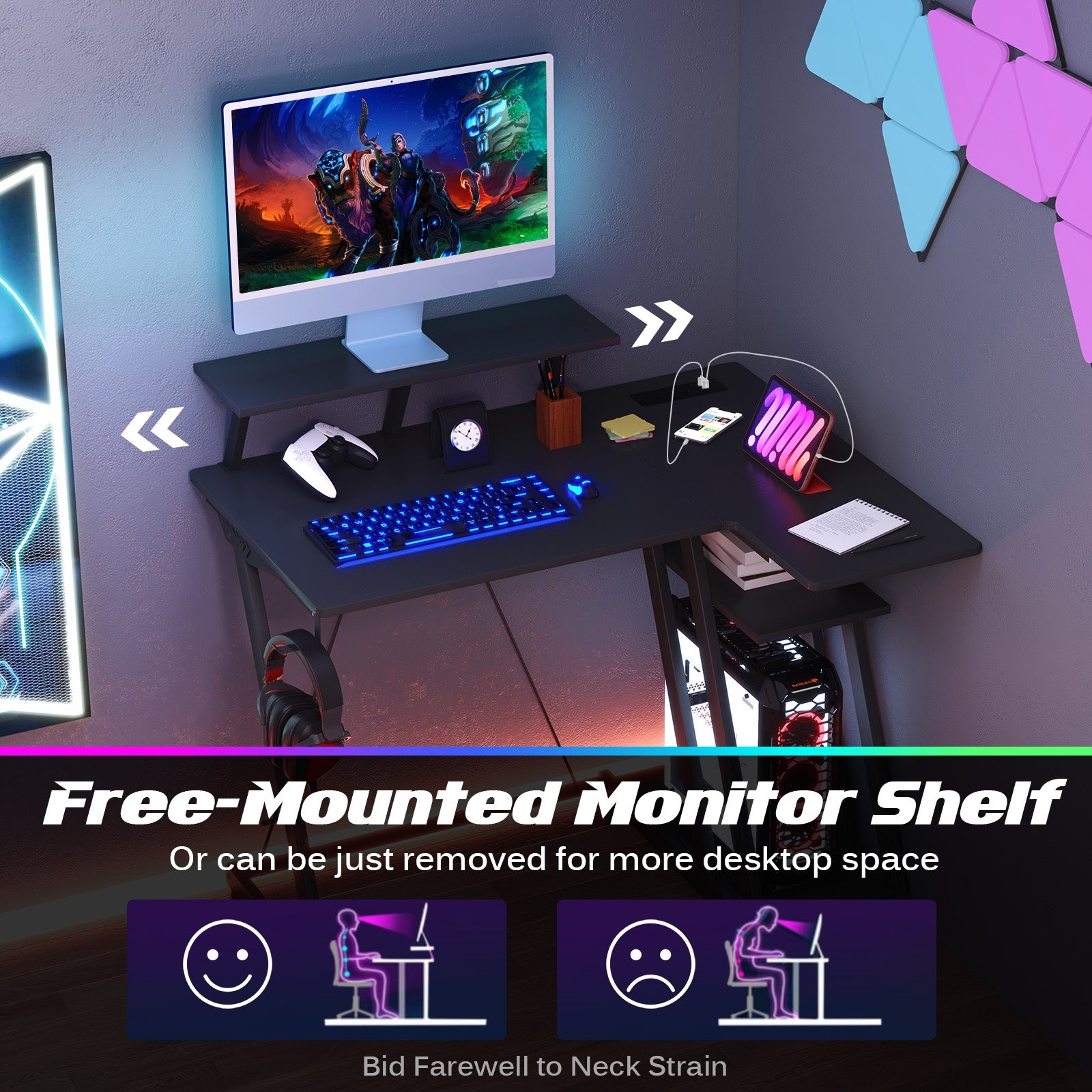 L Shaped Gaming Desk With Outlets And USB Ports, Black Computer Desks at Gallery Canada
