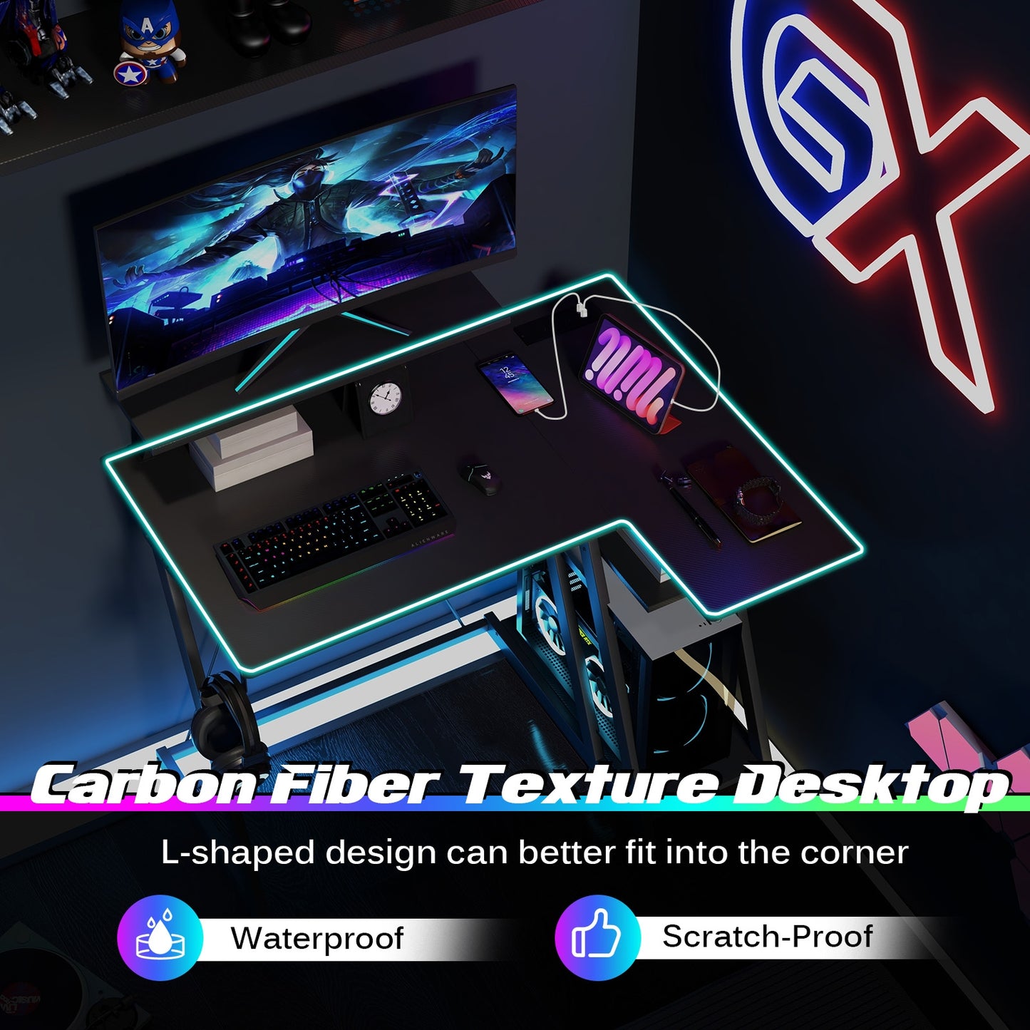 L Shaped Gaming Desk With Outlets And USB Ports, Black Computer Desks at Gallery Canada