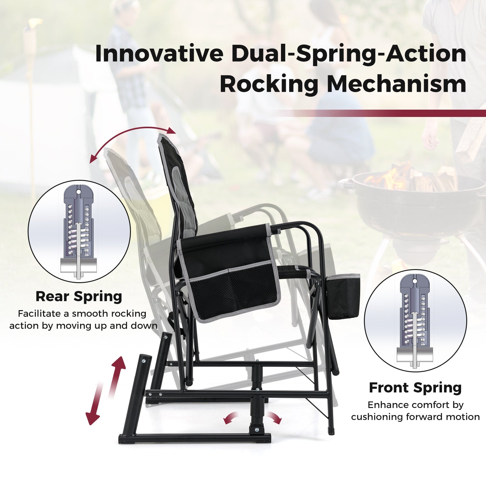 Outdoor Rocker Camping Chair with Dual Springs and Padded Back, Black Camping Furniture at Gallery Canada