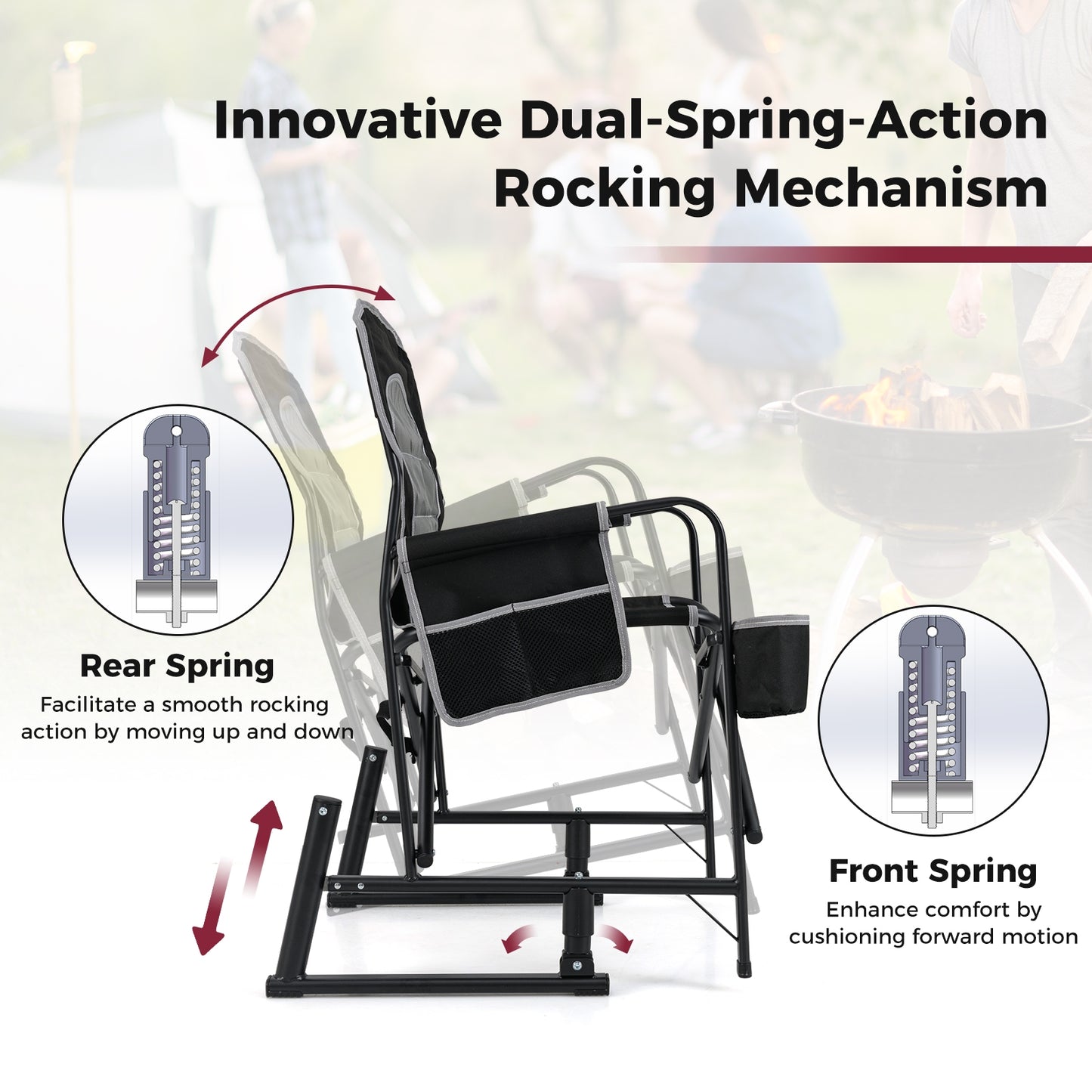 Outdoor Rocker Camping Chair with Dual Springs and Padded Back, Black Camping Furniture at Gallery Canada