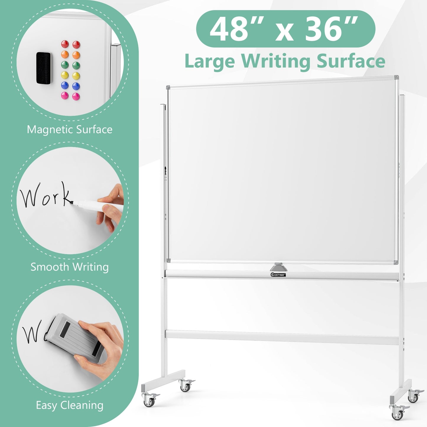 48 x 36 Inches Rolling Double-Sided Whiteboard with Magnetic Surface, White Home Office at Gallery Canada