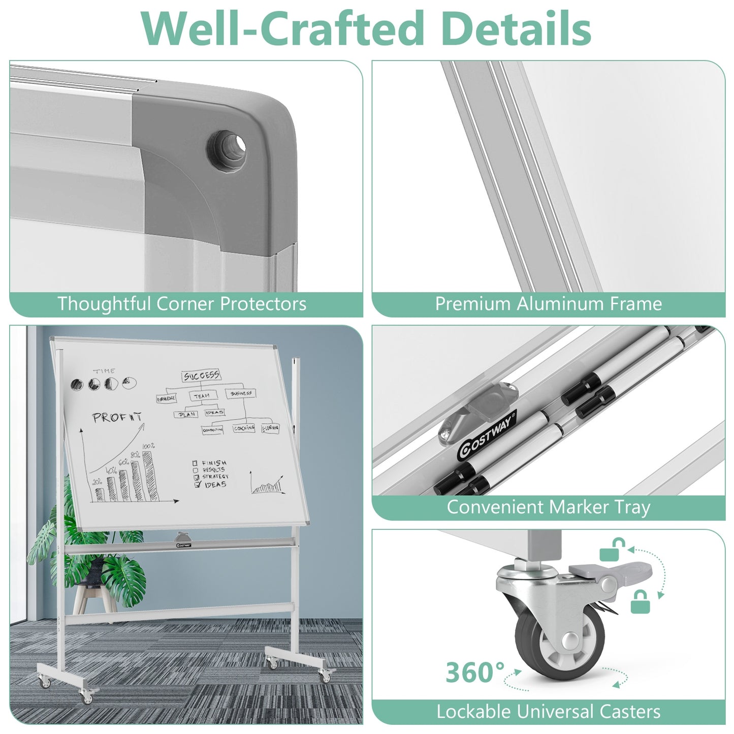 48 x 36 Inches Rolling Double-Sided Whiteboard with Magnetic Surface, White Home Office at Gallery Canada