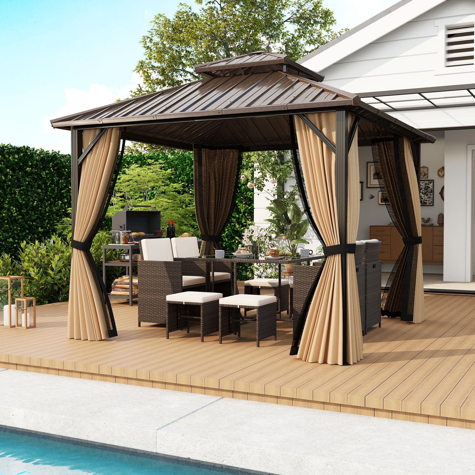 10x10 Feet Hardtop Gazebo With Netting, Curtain, Double-Roof, Coffee Gazebos at Gallery Canada