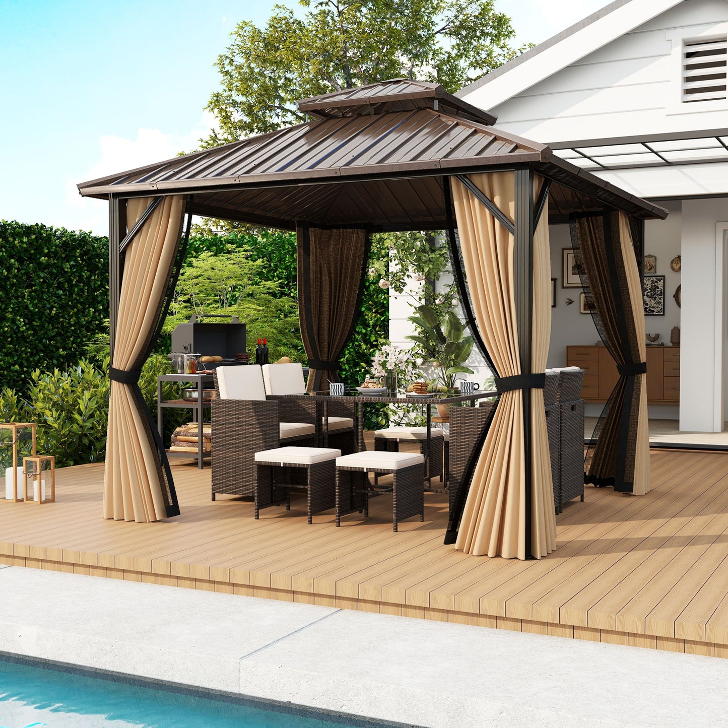 10x10 Feet Hardtop Gazebo With Netting, Curtain, Double-Roof, Coffee Gazebos at Gallery Canada