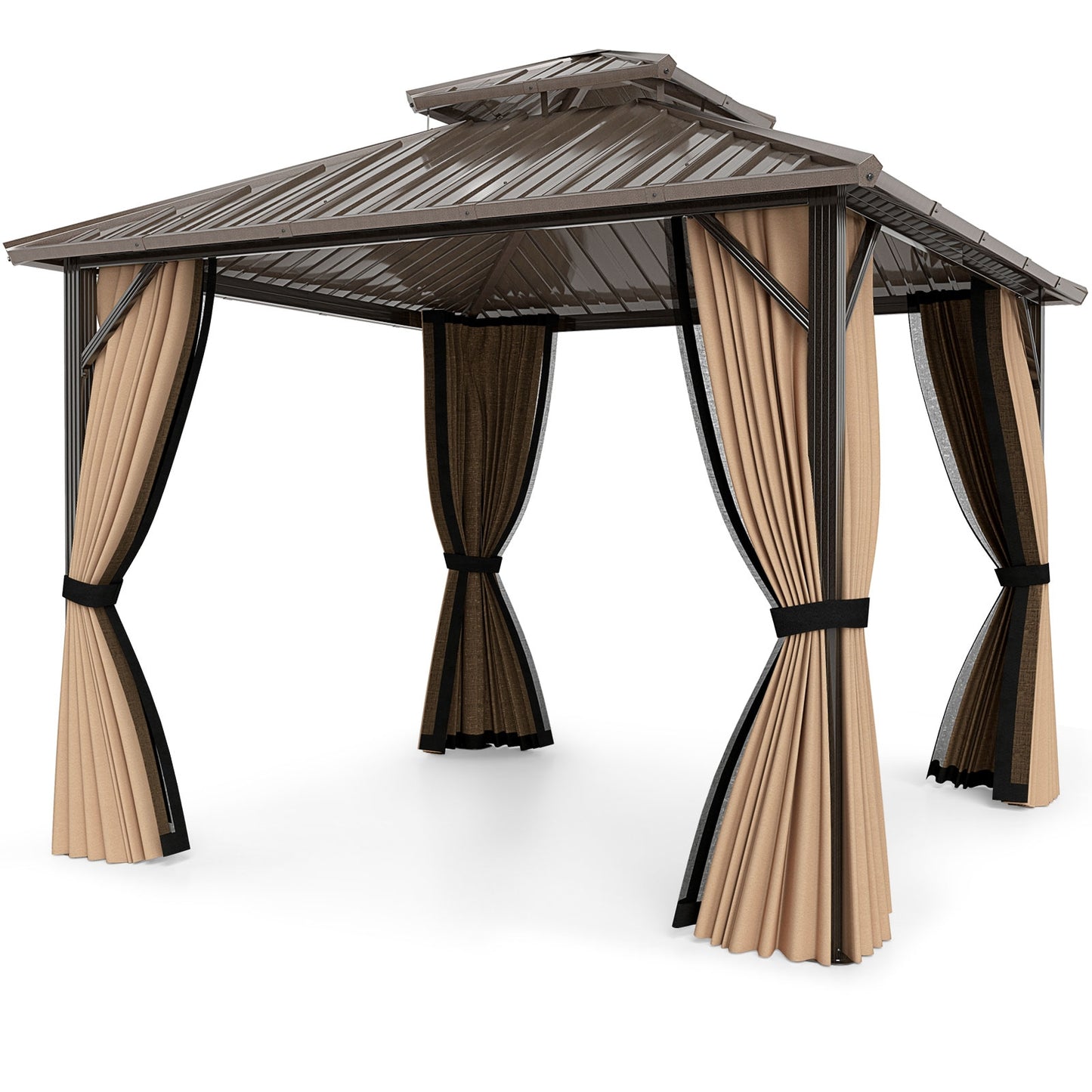 10x10 Feet Hardtop Gazebo With Netting, Curtain, Double-Roof, Coffee Gazebos at Gallery Canada
