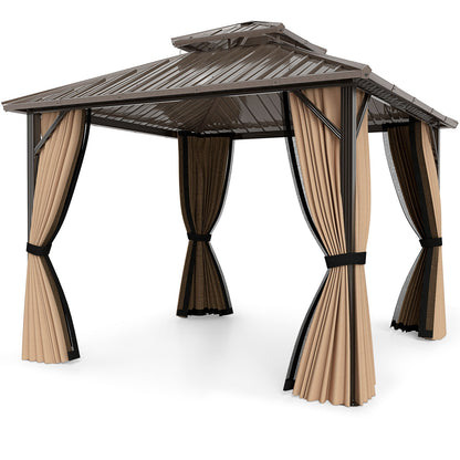 10x10 Feet Hardtop Gazebo With Netting, Curtain, Double-Roof, Coffee Gazebos at Gallery Canada
