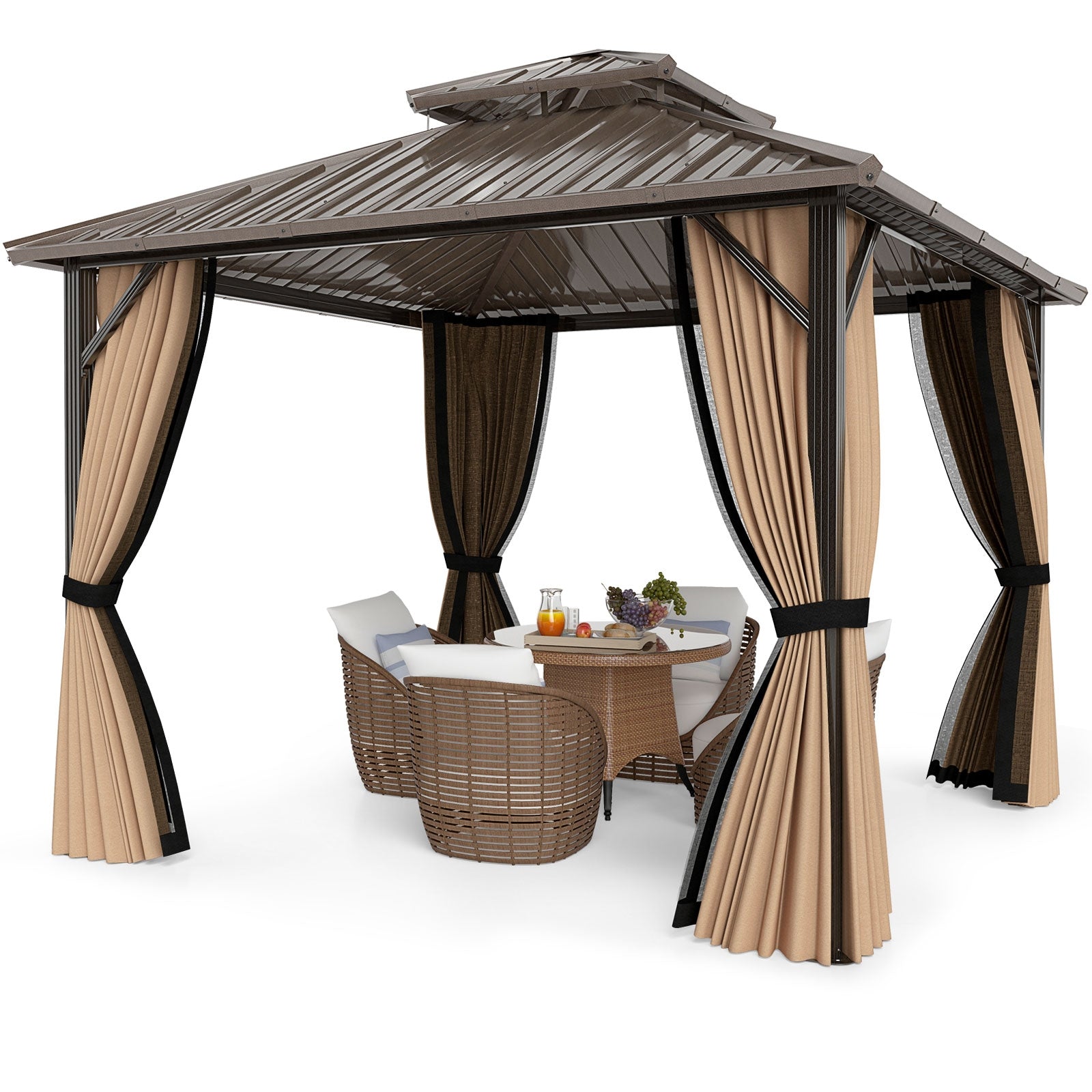 10x10 Feet Hardtop Gazebo With Netting, Curtain, Double-Roof, Coffee Gazebos at Gallery Canada