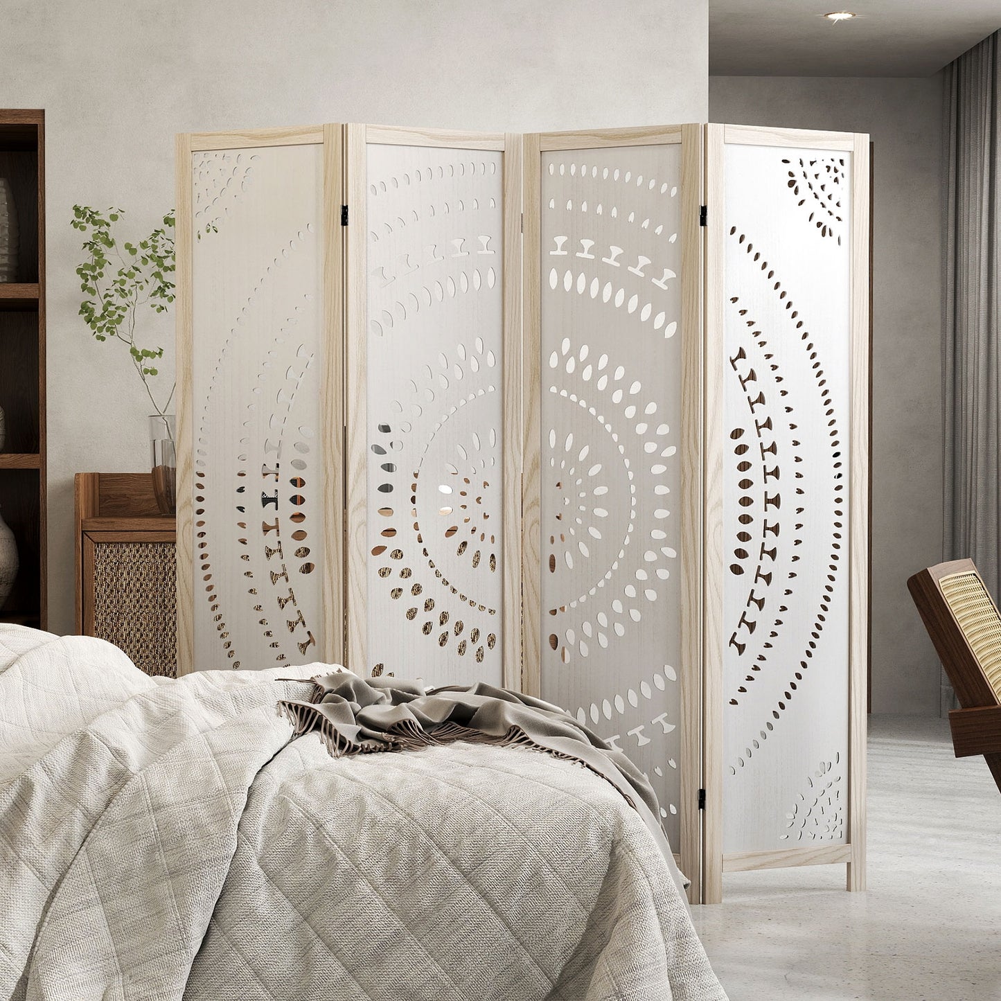 66 Inch Boho 4-Panel Room Divider Privacy Screen with Carved Pattern, White Room Dividers at Gallery Canada