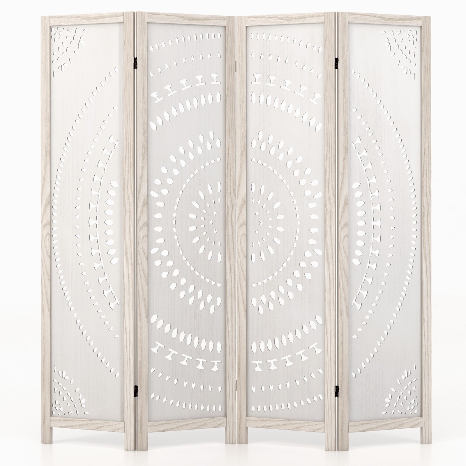 66 Inch 4-Panel Room Divider, Carved Pattern, White Room Dividers at Gallery Canada