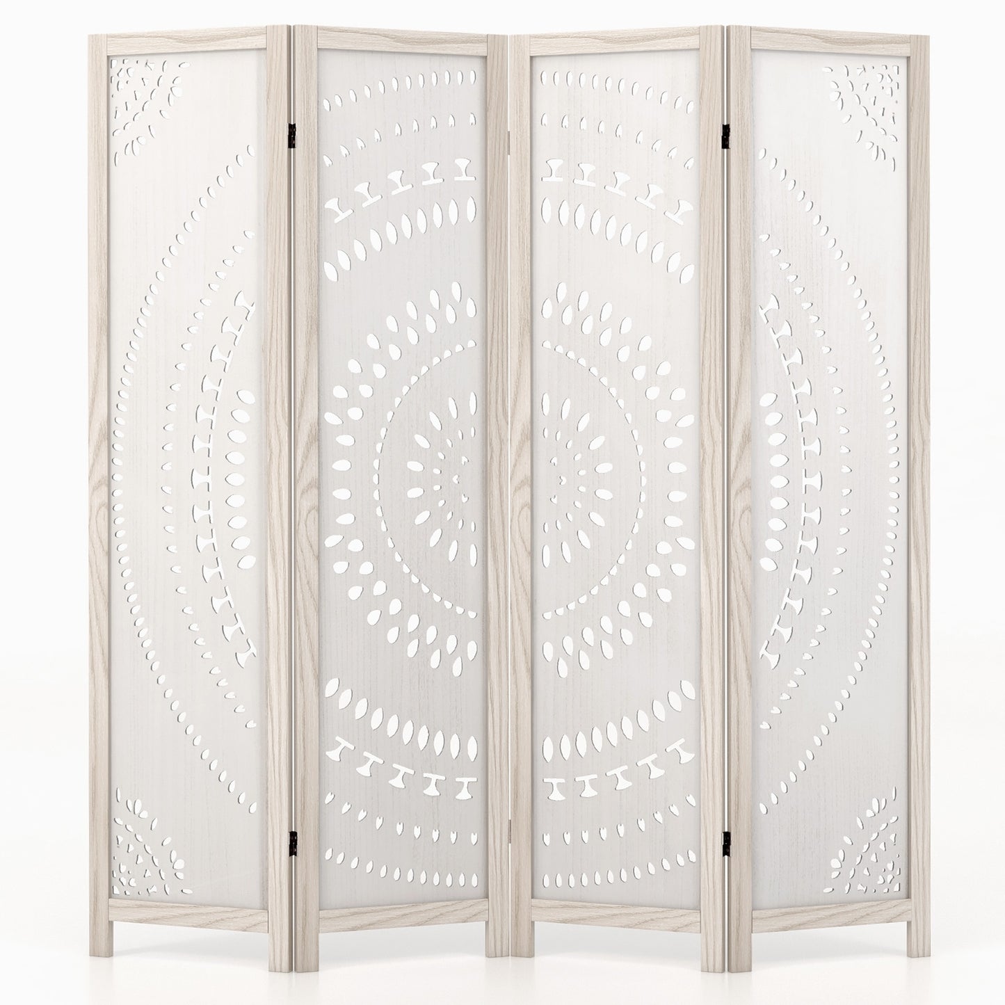 66 Inch 4-Panel Room Divider, Carved Pattern, White Room Dividers at Gallery Canada