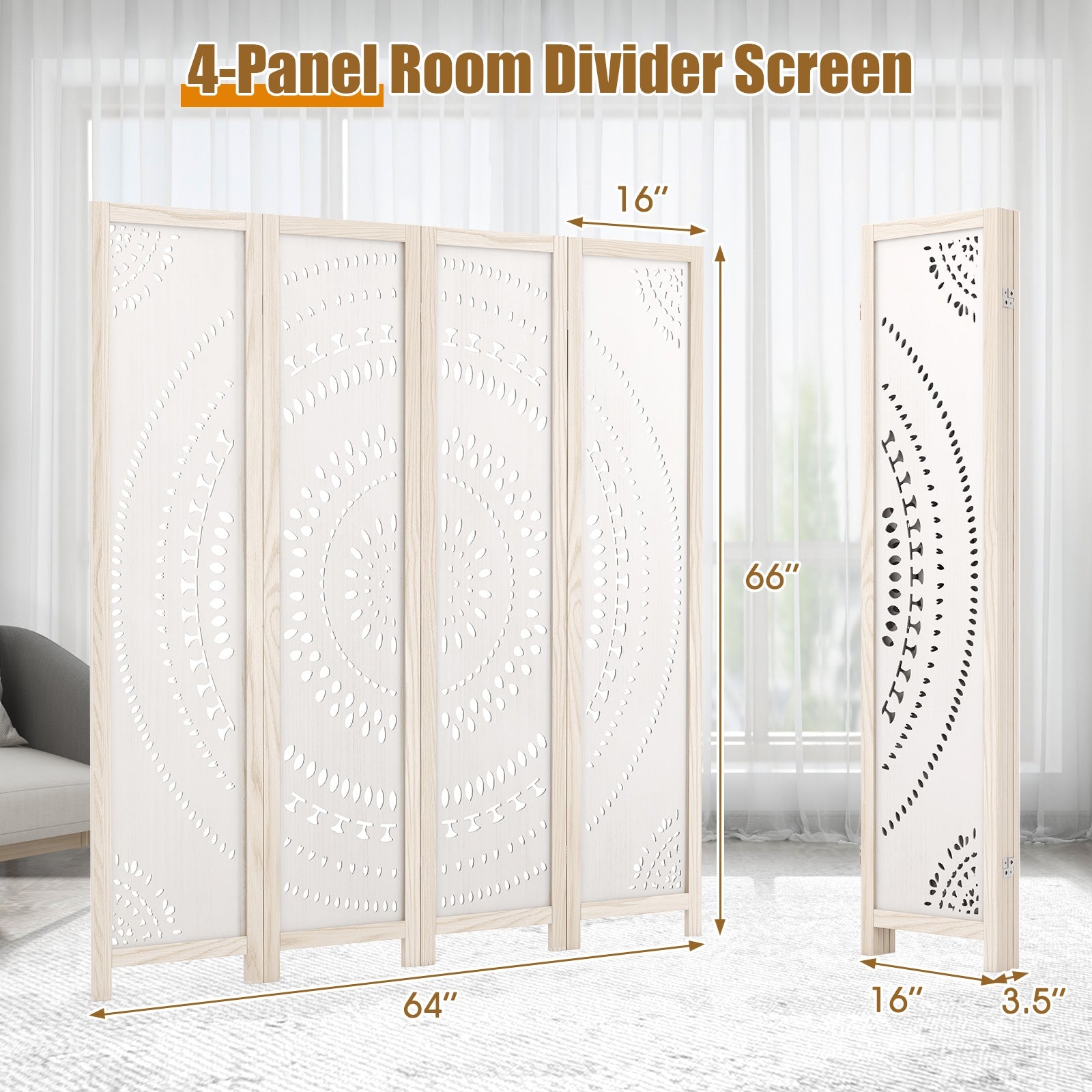 66 Inch Boho 4-Panel Room Divider Privacy Screen with Carved Pattern, White Room Dividers at Gallery Canada