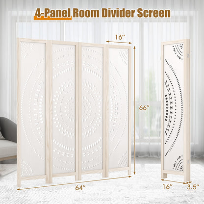 66 Inch Boho 4-Panel Room Divider Privacy Screen with Carved Pattern, White Room Dividers at Gallery Canada