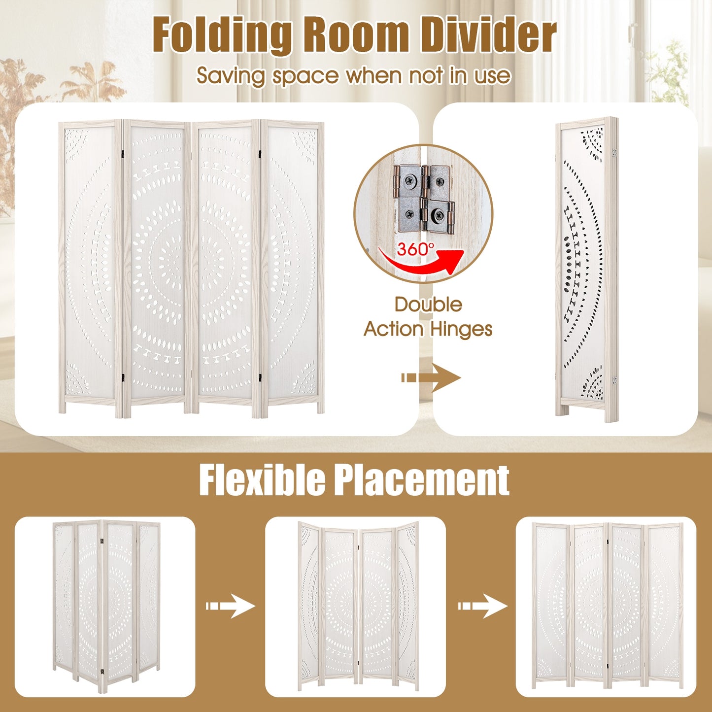 66 Inch Boho 4-Panel Room Divider Privacy Screen with Carved Pattern, White Room Dividers at Gallery Canada