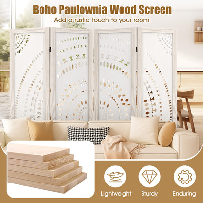 66 Inch Boho 4-Panel Room Divider Privacy Screen with Carved Pattern, White Room Dividers at Gallery Canada