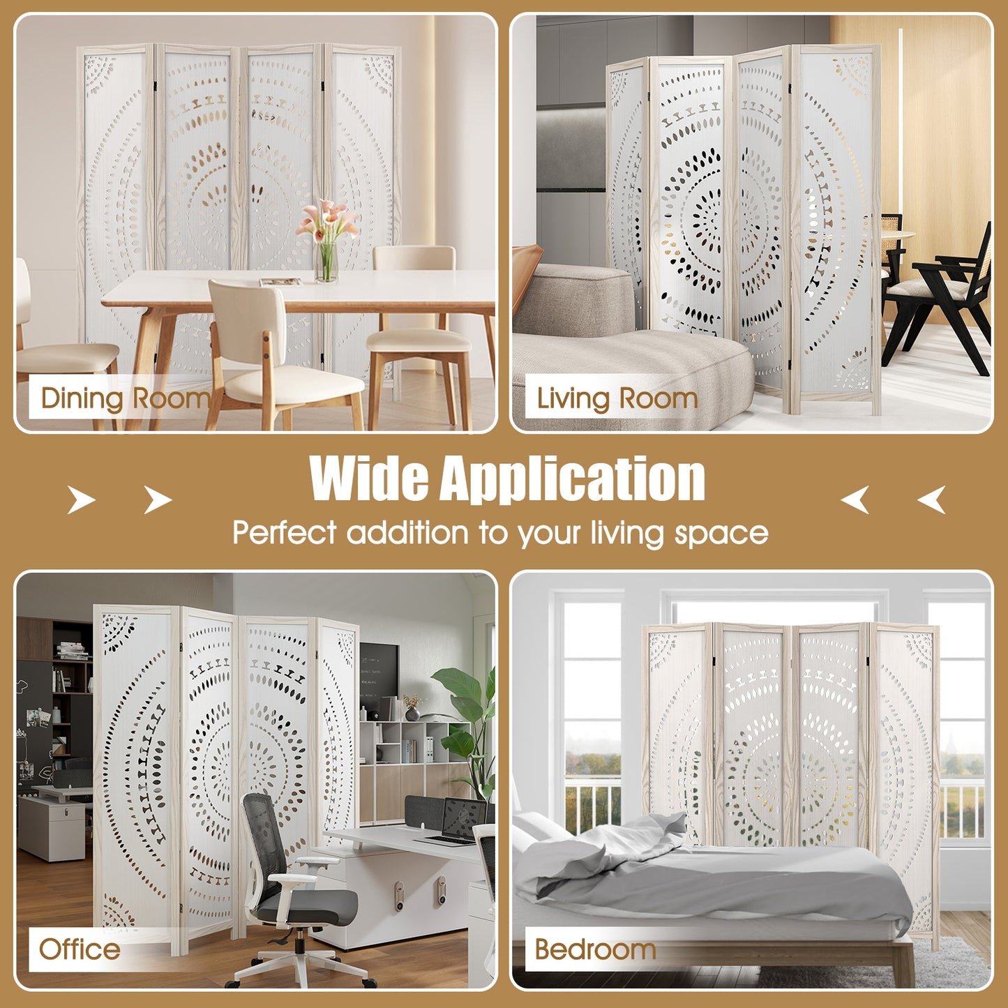 66 Inch Boho 4-Panel Room Divider Privacy Screen with Carved Pattern, White Room Dividers at Gallery Canada