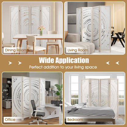 66 Inch Boho 4-Panel Room Divider Privacy Screen with Carved Pattern, White Room Dividers at Gallery Canada
