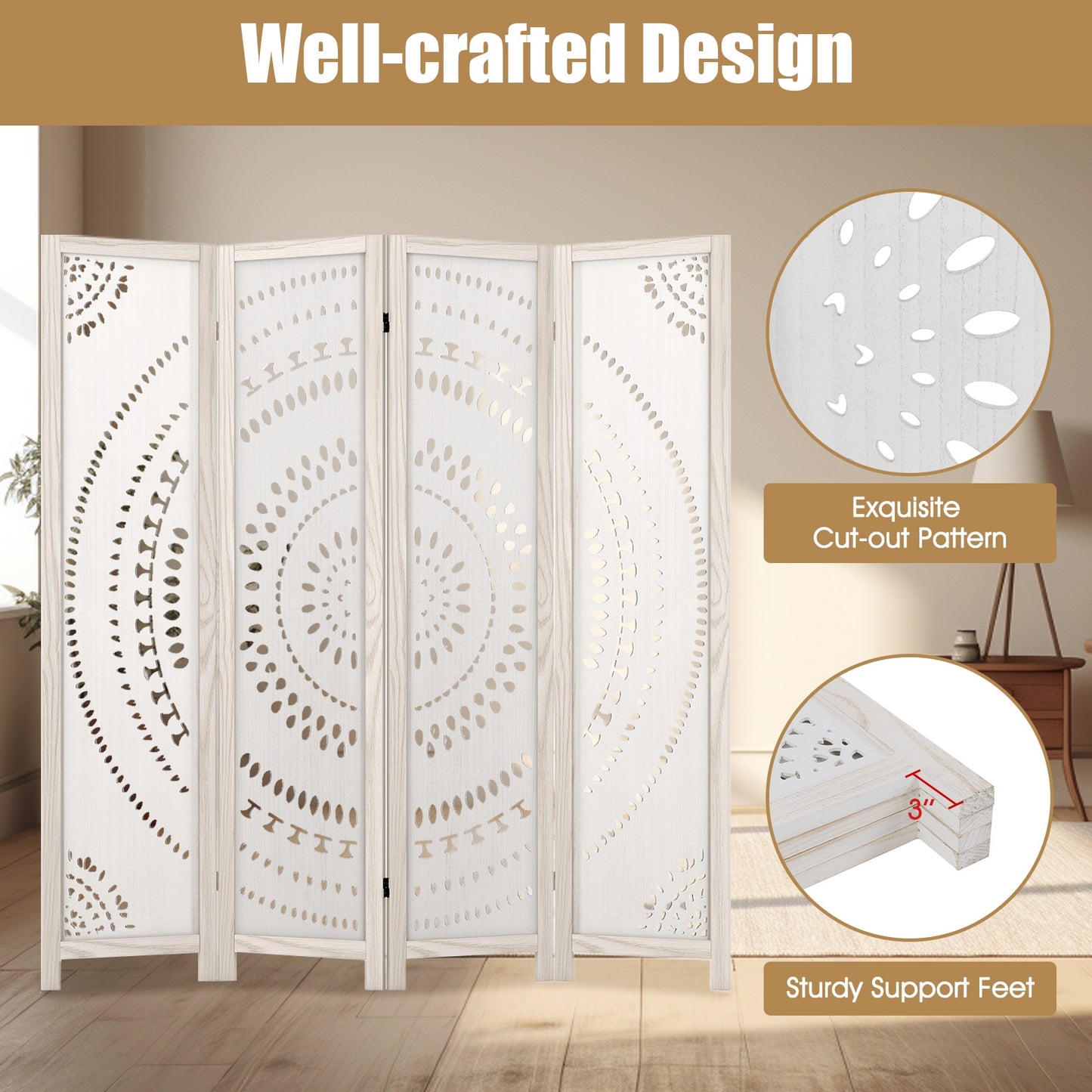 66 Inch 4-Panel Room Divider, Carved Pattern, White Room Dividers at Gallery Canada