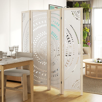66 Inch Boho 4-Panel Room Divider Privacy Screen with Carved Pattern, White Room Dividers at Gallery Canada