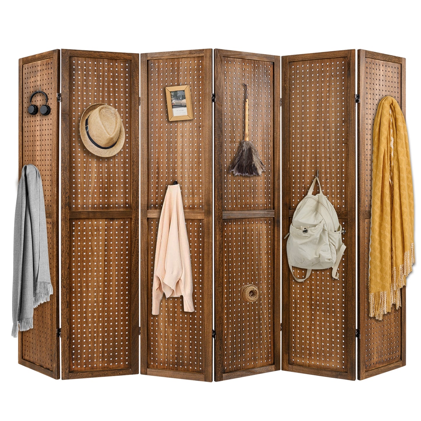 Pegboard Display with 360° Metal Hinges and Solid Wood Frame-6 Panel Room Dividers Brown at Gallery Canada