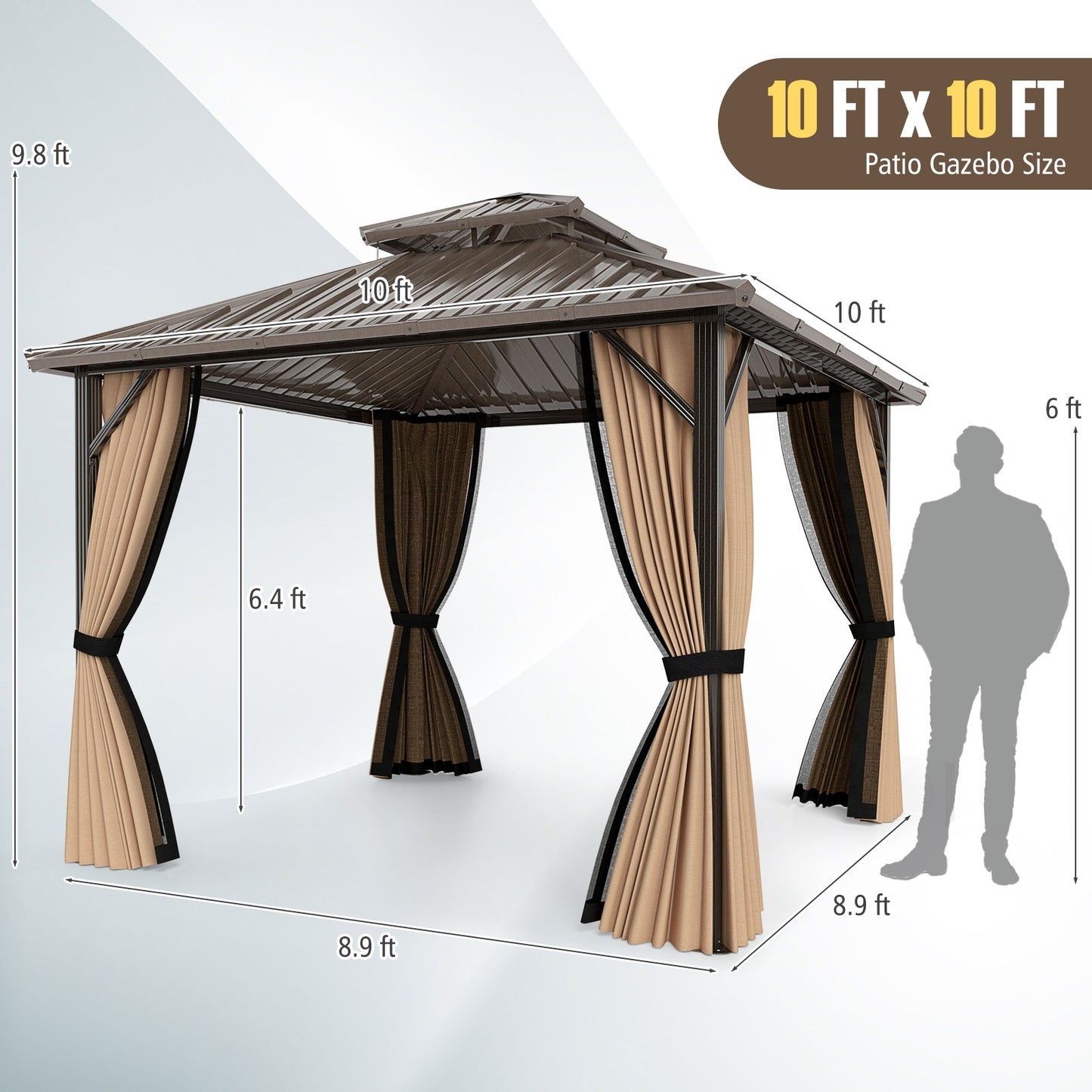 10x10 Feet Hardtop Gazebo With Netting, Curtain, Double-Roof, Coffee Gazebos at Gallery Canada