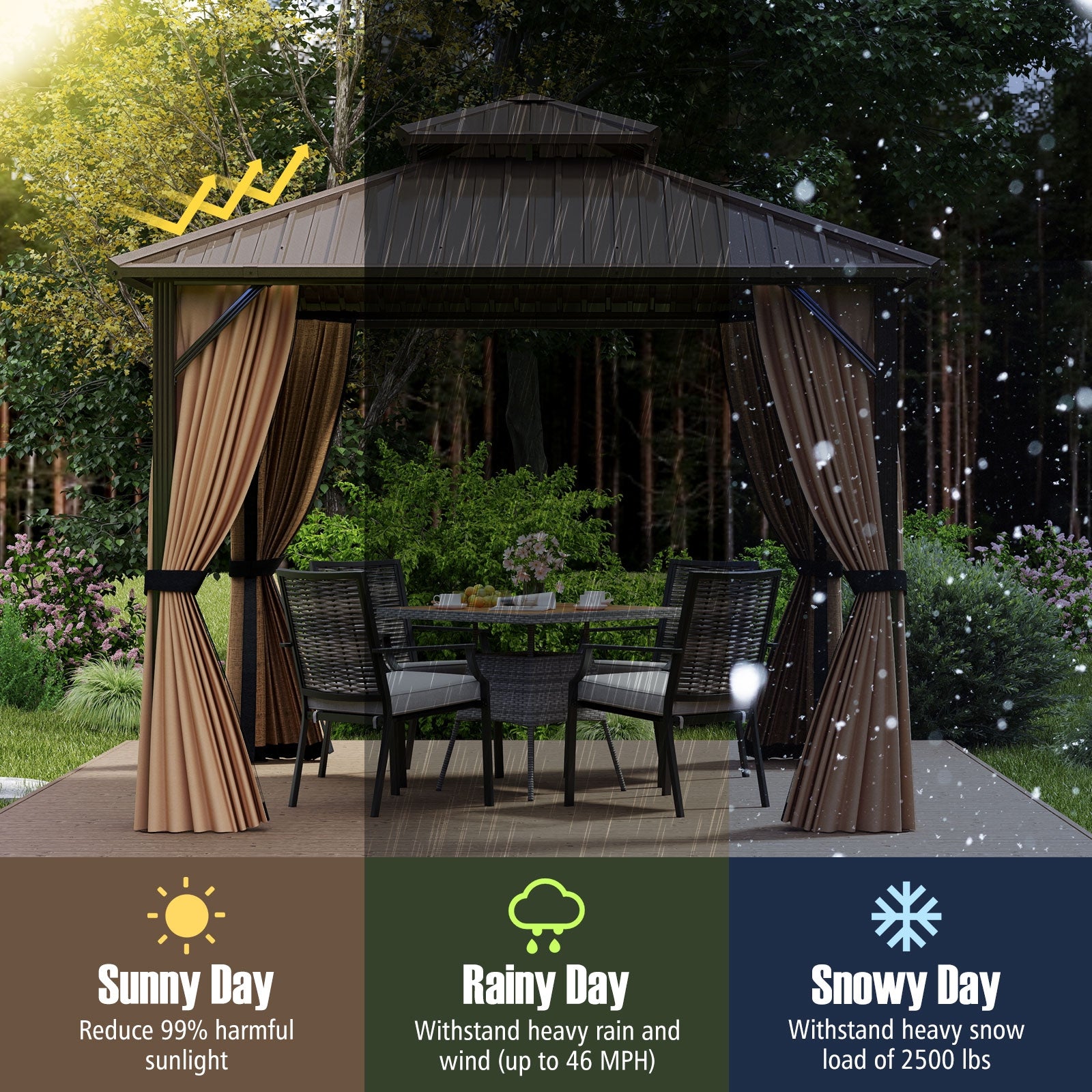 10x10 Feet Hardtop Gazebo With Netting, Curtain, Double-Roof, Coffee Gazebos at Gallery Canada