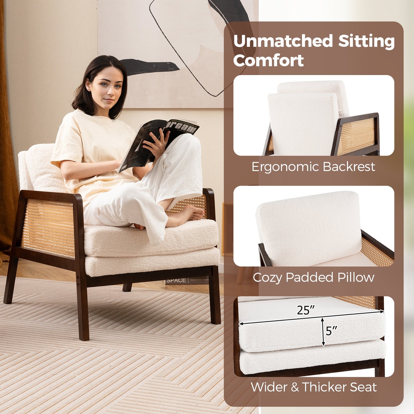 Mid Century Modern Accent Chair with Rattan Arms and Cushion, Brown Accent Chairs at Gallery Canada