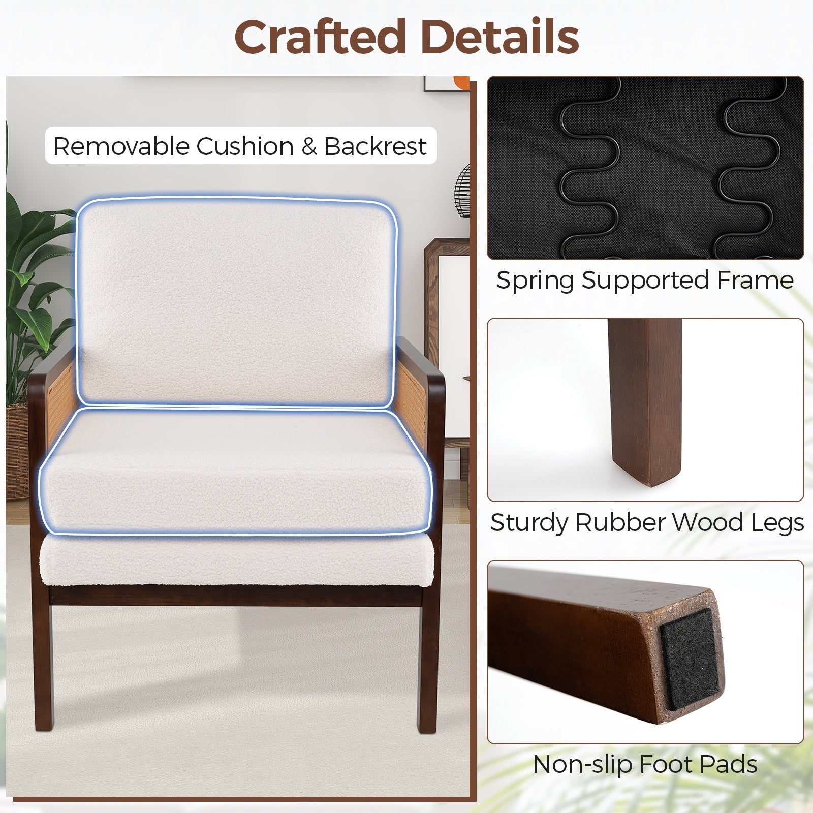 Mid Century Modern Accent Chair with Rattan Arms and Cushion, Brown Accent Chairs at Gallery Canada