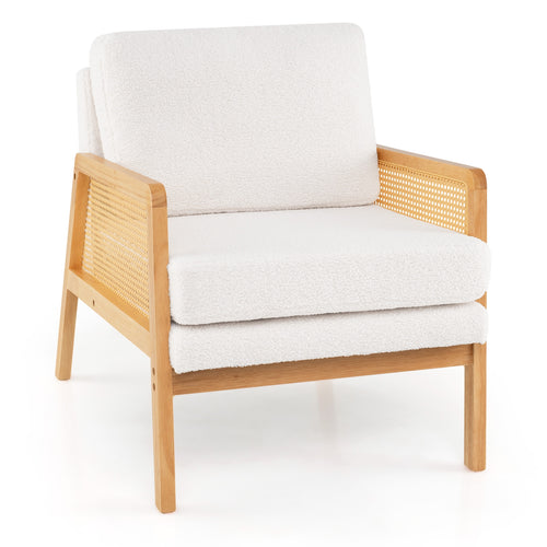 Mid Century Modern Accent Chair, Rattan Arms, Cushion, Natural