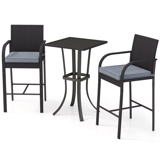 3-Piece Patio Wicker Rattan Bar Height Chairs, Square Table Set, Black