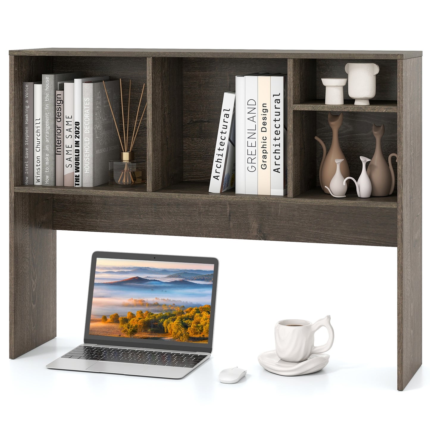 Computer Desktop Bookcase, 4 Cubbies, Open Back Compartment, Gray Bookcases Gray at Gallery Canada