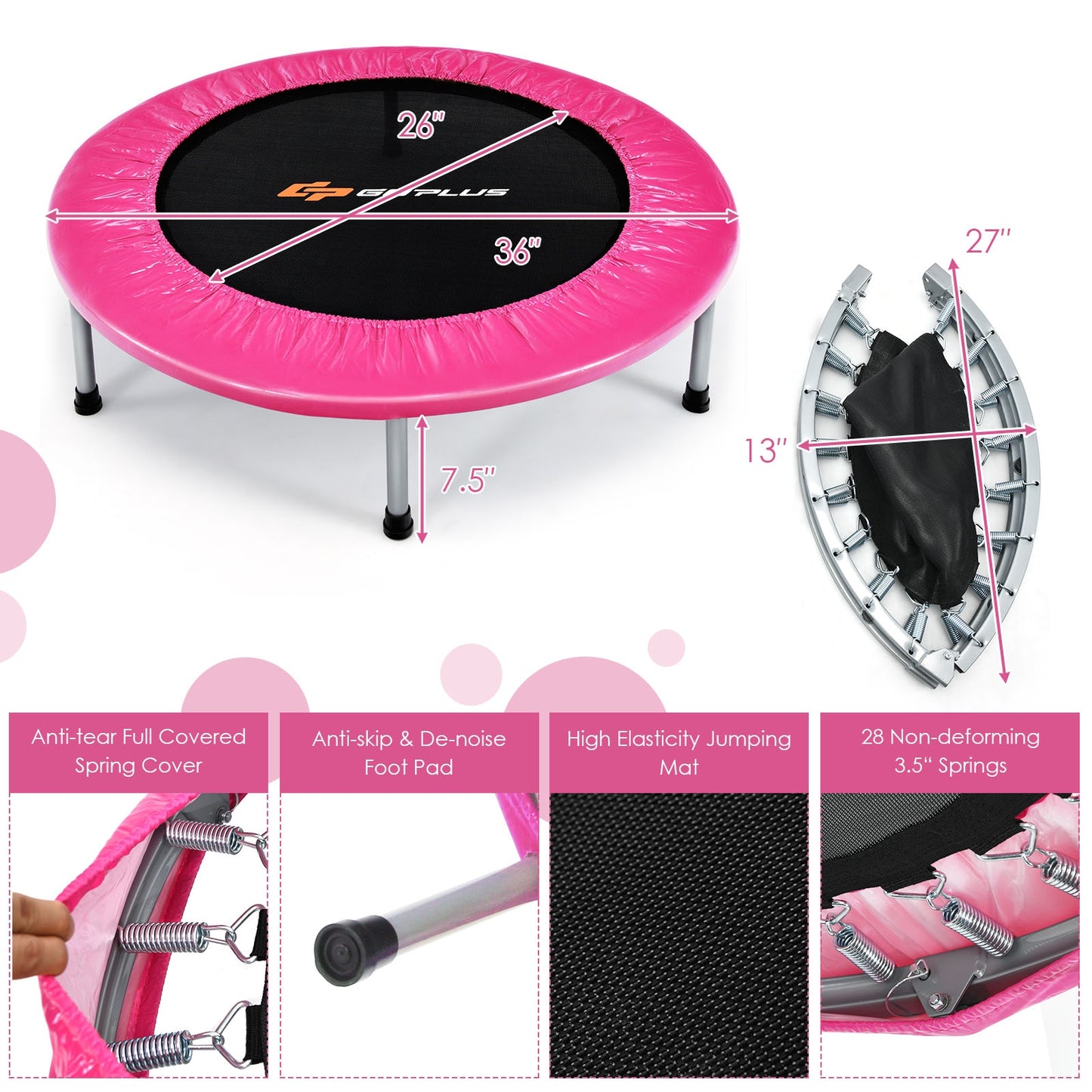 36 Inch Mini Folding Trampoline Portable Recreational Fitness Rebounder, Pink Trampolines at Gallery Canada